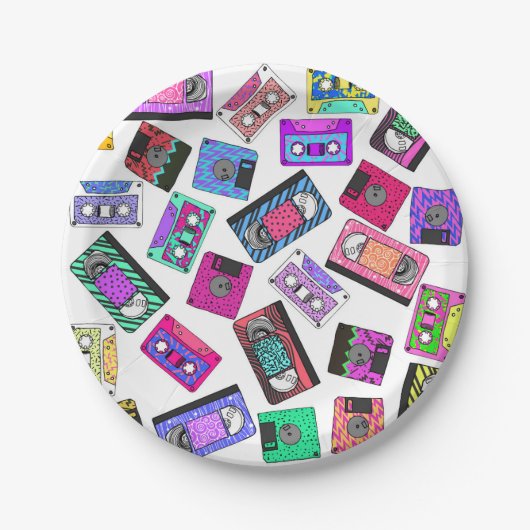 レトロの80年代の90年代のネオンパターン(の模様が)あるなカセットテープ ペーパープレート (正面)