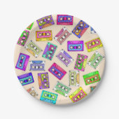 レトロの80年代の90年代のネオンパターン(の模様が)あるなカセットテープ ペーパープレート (正面)