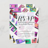 レトロの80年代の90年代のネオンパターン(の模様が)あるなカセットテープ 出欠カード (正面/裏面)