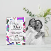 レトロの80年代の90年代のネオンパターン（の模様が）あるなカセットテープ 招待状 (スタンド正面)