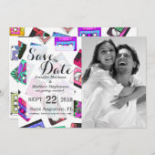 レトロの80年代の90年代のネオンパターン（の模様が）あるなカセットテープ 招待状 (正面/裏面)