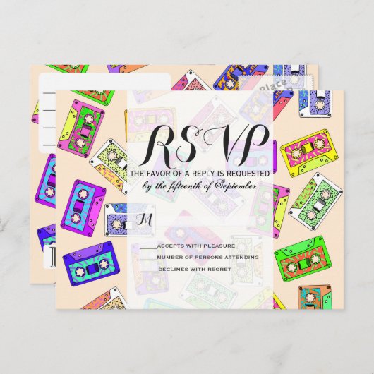 レトロの80年代の90年代のネオンパターン(の模様が)あるなカセットテープ 案内ポストカード (正面/裏面)