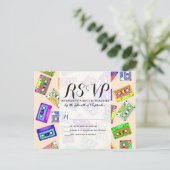 レトロの80年代の90年代のネオンパターン(の模様が)あるなカセットテープ 案内ポストカード (スタンド正面)