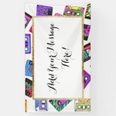 レトロの80年代の90年代のネオンパターン(の模様が)あるなカセットテープ 横断幕 (縦)