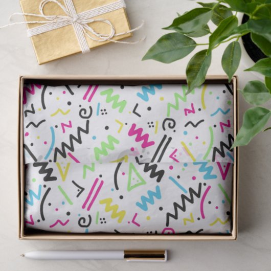 レトロの80年代の90年代のネオンピンクの青緑の黄色い落書き 薄葉紙 (ギフト)