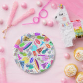 レトロの80年代の90年代の夏のビーチのコラージュパターン ペーパープレート (パーティー)