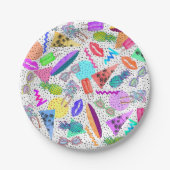 レトロの80年代の90年代の夏のビーチのコラージュパターン ペーパープレート (正面)