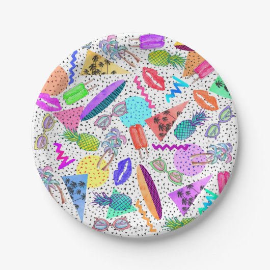 レトロの80年代の90年代の夏のビーチのコラージュパターン ペーパープレート (正面)