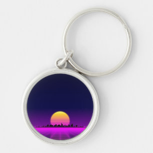 レトロの80年代のsynthwaveの白熱ネオンライト都市 キーホルダー