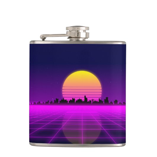 レトロの80年代のsynthwaveの白熱ネオンライト都市 フラスク (正面)