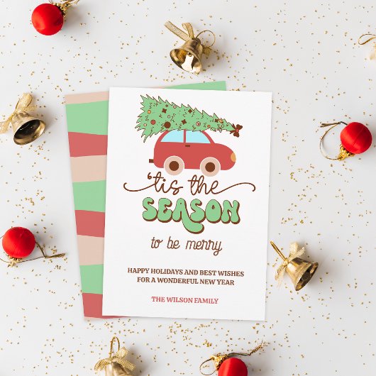 レトロのGroovyクリスマスツリー車この季節 シーズンカード