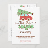 レトロのGroovyクリスマスツリー車この季節 シーズンポストカード (正面/裏面)