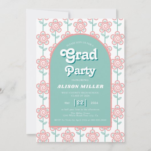 レトロのgroovyピンクとアクアの花70s卒業 招待状 (正面)