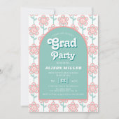 レトロのgroovyピンクとアクアの花70s卒業 招待状 (正面)