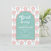 レトロのgroovyピンクとアクアの花70s卒業 招待状 (スタンド正面)