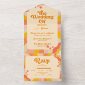 レトロのGroovyピンクと金ゴールド結婚波の全てを1つに オールインワン招待状 (内側)