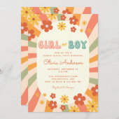 レトロのGroovy波打つ日照花の性別リビール 招待状 (正面/裏面)