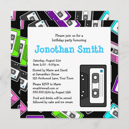 レトロのMixtapeのテーマの誕生会の招待の黒 招待状 (正面/裏面)