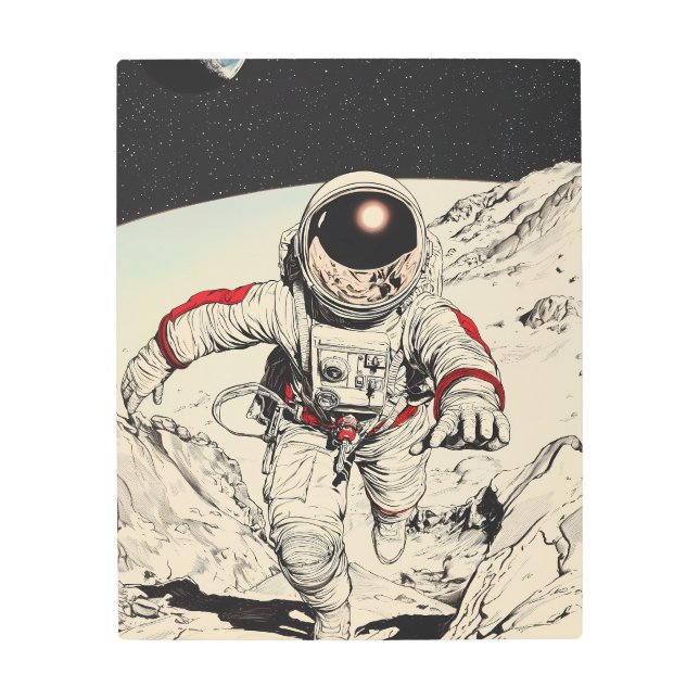 レトロのSF宇宙飛行士が大胆な宇宙脱出に メタルプリント (正面)