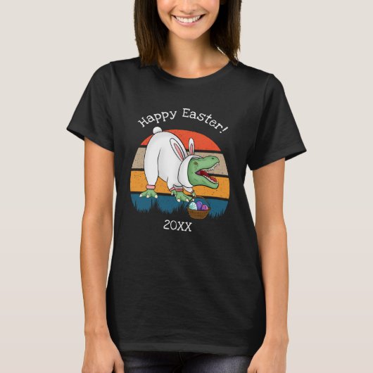 レトロのTレックスイースターバニーのコスチューム卵狩り Tシャツ (正面)