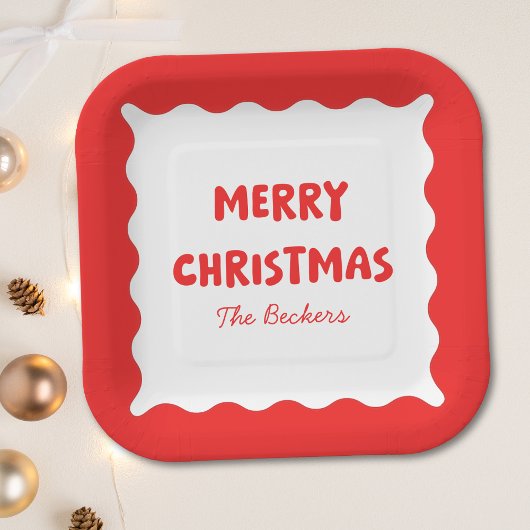 レトロはっきりしたウェーブレッドおもしろいカスタムメリークリスマス ペーパープレート