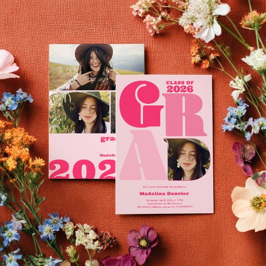 レトロはっきりしたオーバーサイズのGrad 4写真2023卒業 招待状