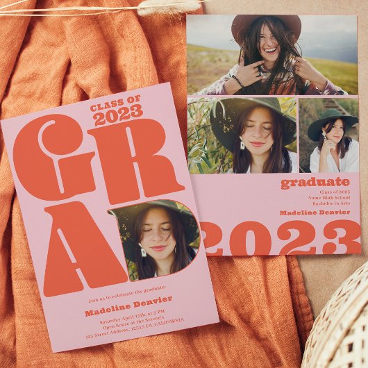 レトロはっきりしたオーバーサイズのGrad 4写真2023卒業 招待状
