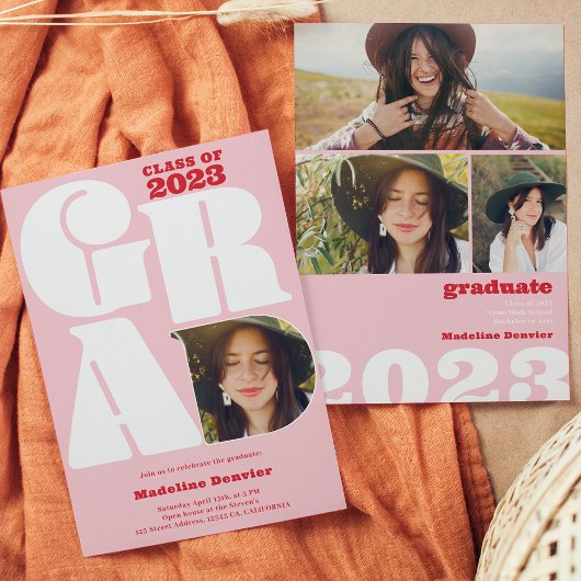 レトロはっきりしたオーバーサイズのGrad 4写真2023卒業 招待状