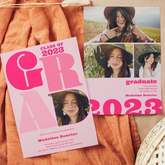 レトロはっきりしたオーバーサイズのGrad 4写真2023卒業 招待状