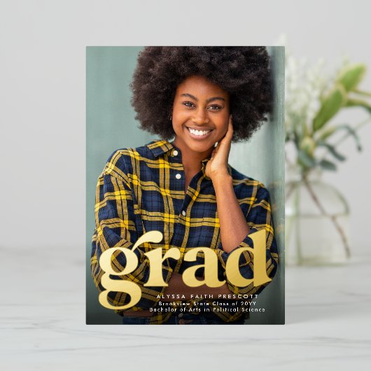 レトロはっきりしたグラード1号写真卒業の発表 箔招待状 (立ち正面)