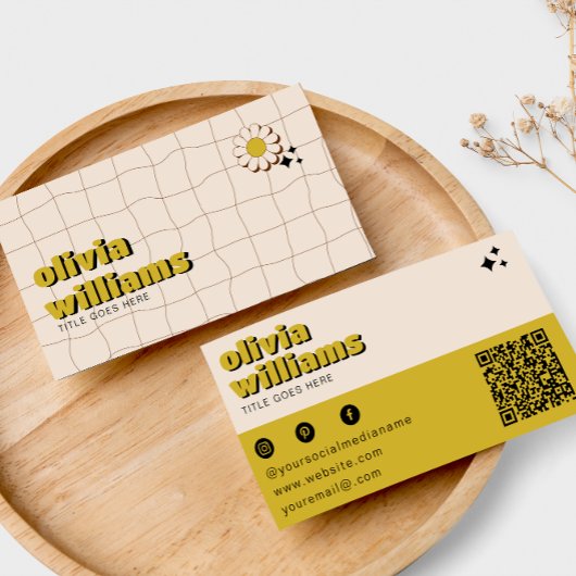 レトロはっきりしたグリーンフラワーQRコードボホグルーヴィー 名刺