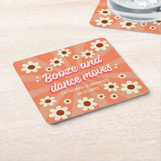 レトロはっきりしたグルーヴカラフルタイポグラフィ70年代結婚の スクエアペーパーコースター (アングル)