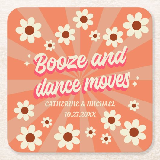 レトロはっきりしたグルーヴカラフルタイポグラフィ70年代結婚の スクエアペーパーコースター (正面)