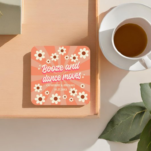 レトロはっきりしたグルーヴカラフルタイポグラフィ70年代結婚の スクエアペーパーコースター