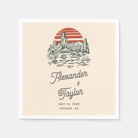 レトロはっきりしたサグアーロカクティデザートランドスケープ結婚ズ スタンダードカクテルナプキン (正面)
