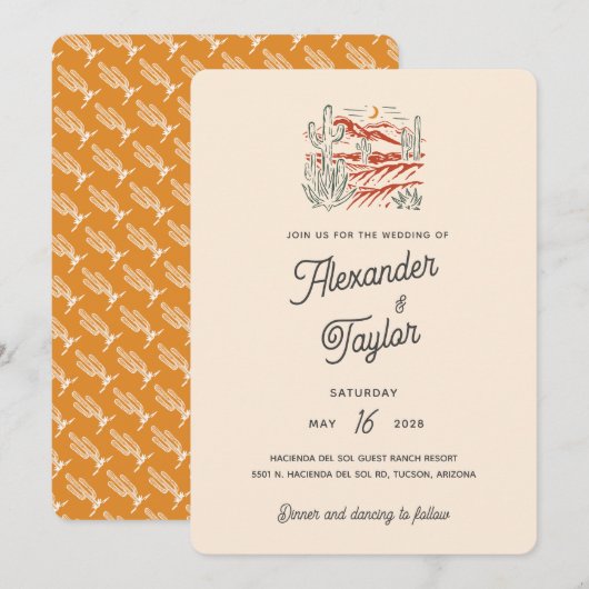 レトロはっきりしたサグアーロカクティデザートランドスケープ結婚ズ 招待状 (正面/裏面)