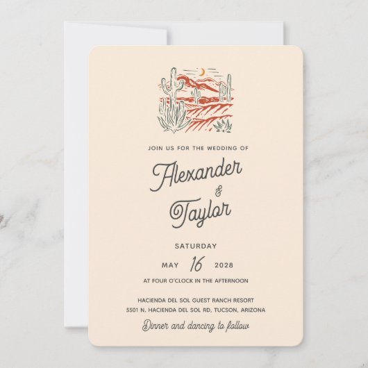 レトロはっきりしたサグアーロサボスデザートランドスケープ結婚ズ 招待状 (正面)