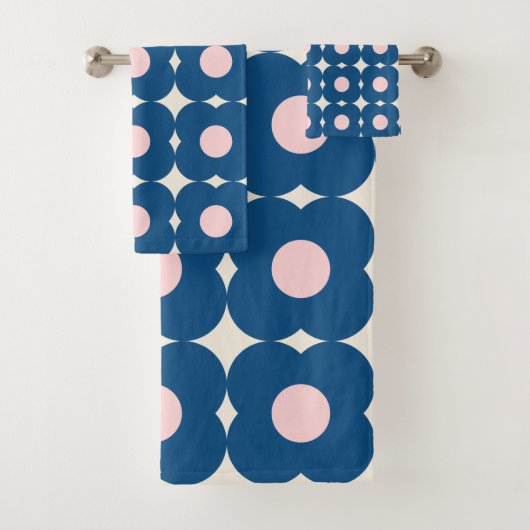 レトロはっきりしたジオメトリフローラルパターン青とピンク バスタオルセット (インサイチュ)