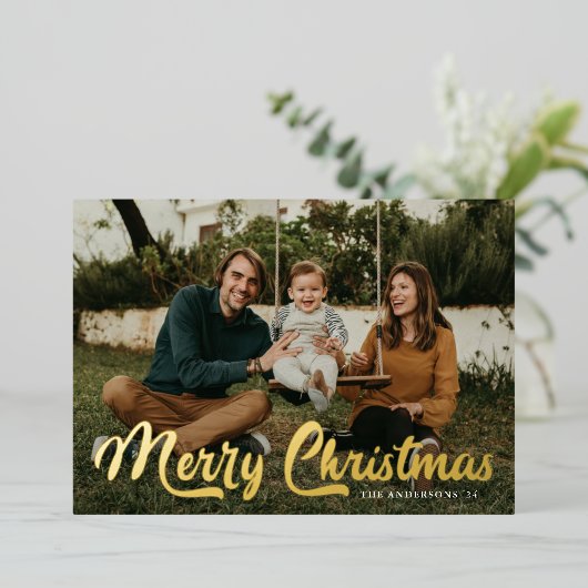 レトロはっきりしたスクリプトMerry Christmas 2写真 箔シーズンカード (立ち正面)