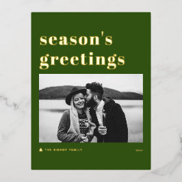 レトロはっきりしたタイポグラフィグリーンシーズンズグリーティング 箔シーズンポストカード