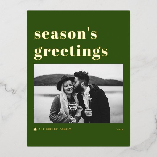 レトロはっきりしたタイポグラフィグリーンシーズンズグリーティング 箔シーズンポストカード (正面)