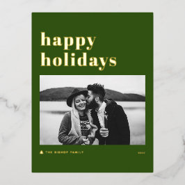 レトロはっきりしたタイポグラフィグリーンハッピーホリデーズフォト 箔シーズンポストカード