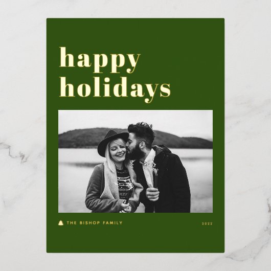 レトロはっきりしたタイポグラフィグリーンハッピーホリデーズフォト 箔シーズンポストカード (正面)