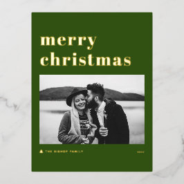 レトロはっきりしたタイポグラフィグリーンメリークリスマスフォト 箔シーズンポストカード