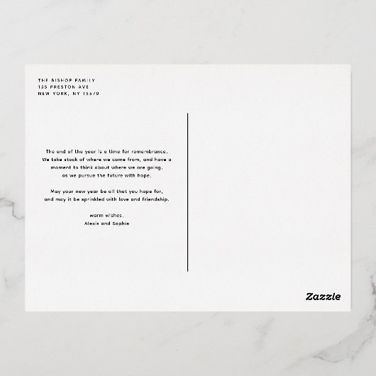 レトロはっきりしたタイポグラフィシーズンズグリーティング 箔シーズンポストカード (裏面)