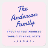 レトロはっきりしたタイポグラフィピンクブルー差出人住所 スクエアシール (正面)