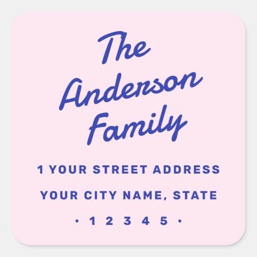 レトロはっきりしたタイポグラフィピンクブルー差出人住所 スクエアシール (正面)