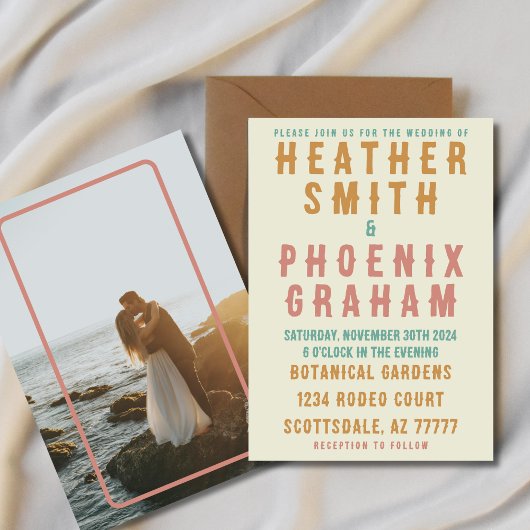 レトロはっきりしたタイポグラフィブライト結婚フォト 招待状