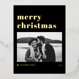 レトロはっきりしたタイポグラフィブラックメリークリスマスフォト 箔シーズンポストカード