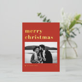 レトロはっきりしたタイポグラフィレッドメリークリスマスフォト 箔シーズンポストカード (立ち正面)